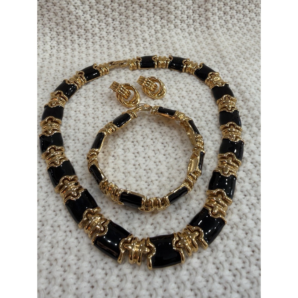Vintage MONET Black Enamel Gold Tone Necklace Bracelet Earrings Jewelry Set